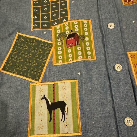 Quacker Factory Blue Denim Chambray Farmhouse Cottage Button-Up Shirt M READ - Picture 9 of 16